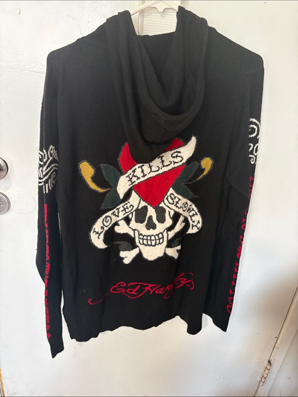 Ed Hardy Black Hoodie with Red Heart & Skull Graphic